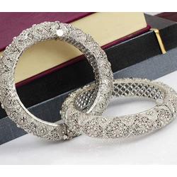 Sanara Indian Bollywood Traditional Antique Silver Tone Designer Polki Bangle Bracelet Set Women Wedding Ethnic Costume Jewelry