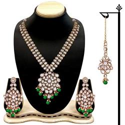 Aheli Wedding Designer Faux Kundan Pearl Necklace with Maang Tikka Set Indian Bridal Ethnic Traditional Jewelry Set for Women