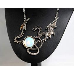 Skye Jewelry Large Full Body Dragon Statement Necklace w/Multi Color Moodstone Style Cabochon Design w/Adjustable Chain 15''-18'' & Dragon - 3 1/2'' x 3''