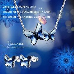 Sllaiss S925 Sterling Silver Butterfly Jewelry Crystals from Austria Light Blue Butterfly Crystal Necklace Earring Set for Women, Lover Anniversary Mothers Day Gift with Box