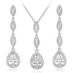 Wordless Love Teardrop Pear Shape CZ Necklace Pierced Earrings Women Wedding Jewelry Sets