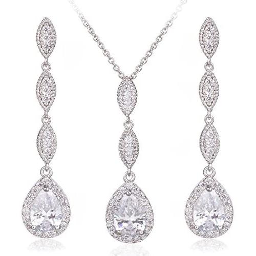 Wordless Love Teardrop Pear Shape CZ Necklace Pierced Earrings Women Wedding Jewelry Sets