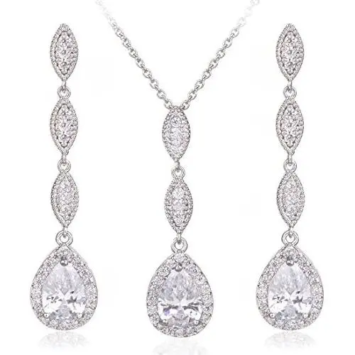 Wordless Love Teardrop Pear Shape CZ Necklace Pierced Earrings Women Wedding Jewelry Sets