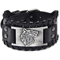Viking Bracelet Wolf Head Vintage Nordic Rune Gothic Bracelet PU Leather Braided Celtic Pagan Bracelet Jewelry Adjustable Handmade Nordic Scandinavian Talisman Wide Cuff Wristband Bracelet