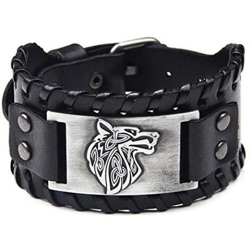 Viking Bracelet Wolf Head Vintage Nordic Rune Gothic Bracelet PU Leather Braided Celtic Pagan Bracelet Jewelry Adjustable Handmade Nordic Scandinavian Talisman Wide Cuff Wristband Bracelet