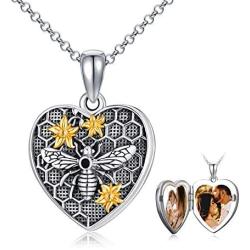 ROMANTICWORK Locket Necklace That Holds Pictures Sterling Silver Butterfly Bee Heart Shaped Pendant Necklace with Photo Memorial Custom Jewelry Gift for Women Mother 18inch Chain