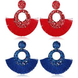 ZRosse 2 Pairs Handmade Bohemian Fan Shape Tassel Sparkly PU Drop Dangle Earrings Sets Statement Hoop Fringe Lightweight Earrings Jewelry for Women Girls