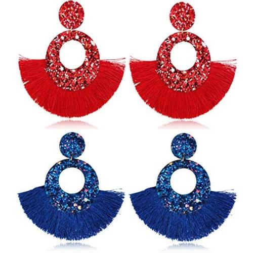 ZRosse 2 Pairs Handmade Bohemian Fan Shape Tassel Sparkly PU Drop Dangle Earrings Sets Statement Hoop Fringe Lightweight Earrings Jewelry for Women Girls