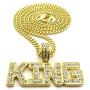 CBC Crown Stone Filled Words Pendant in 24'' Box, Cuban, or Rope Chain Necklace KING, BOSS Pendant in Gold Tone Necklace