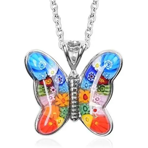 Shop LC Butterfly Flower Pendant Murano Millefiori Glass Chain Fashion Necklace Stainless Steel Jewelry for Women Unique Gifts (Multi Color/Green)