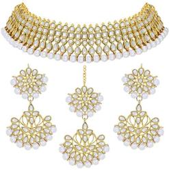 Aheli Bollywood Style Faux Kundan Beaded Choker Necklace Dangle Earrings Maang Tikka Indian Jewellery Set for Women