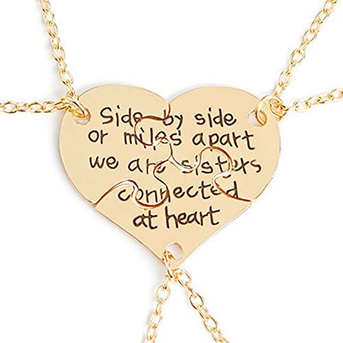 3 Pcs Best Friends Forever Engraved Necklace Broken Heart Charm Pendant Set BFF Friendship Necklace (Gold - '' We are sisters connected at heart '')