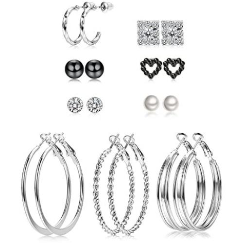ORAZIO 9-45 Pairs Assorted Multiple Stud Earrings for Women Big Hoop Earrings Silver Tone