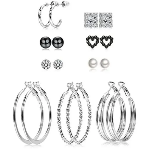 ORAZIO 9-45 Pairs Assorted Multiple Stud Earrings for Women Big Hoop Earrings Silver Tone ORAZIO 9-45 Pairs Assorted Multiple Stud Earrings for Women Big Hoop Earrings Silver Tone