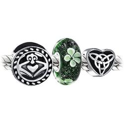 Mixed Set Bundle .925 Sterling Silver Murano Glass Good Luck Celtic Shamrock Irish Green Clover Knot Claddagh Charm Bead Spacer Fits European Bracelet For Women Teen
