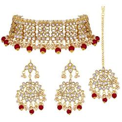 I Jewels Indian Gold Plated Traditional Kundan Choker Ethnic Bollywood Designer Jewelry Set with Earrings & Maang Tikka For Women