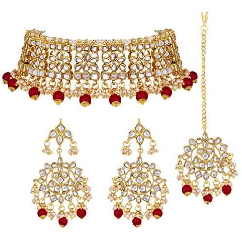 I Jewels Indian Gold Plated Traditional Kundan Choker Ethnic Bollywood Designer Jewelry Set with Earrings & Maang Tikka For Women