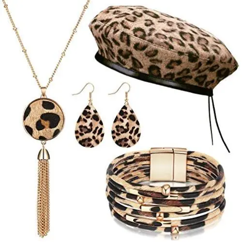4 Pieces Women Leopard Jewelry Set French Beret Hat Leopard Leather Bracelet Earring Necklace 4 Pieces Women Leopard Jewelry Set French Beret Hat Leopard Leather Bracelet Earring Necklace