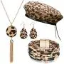 4 Pieces Women Leopard Jewelry Set French Beret Hat Leopard Leather Bracelet Earring Necklace 4 Pieces Women Leopard Jewelry Set French Beret Hat Leopard Leather Bracelet Earring Necklace