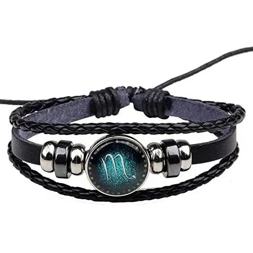 Speyst 12-Sign Constellations Black Woven Leather Bracelet Blue Constellation Pattern