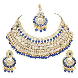 CROWN JEWEL Indian Bollywood Style White Pearl Kundan Gold Fashion Bridal Necklace Set for Women