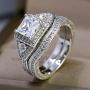 wedding ring set Two Rings His Hers Couples Matching Rings Womens 2pc White Gold Filled Square CZ Wedding Engagement Ring Bridal Sets & Mens Titanium Wedding Band