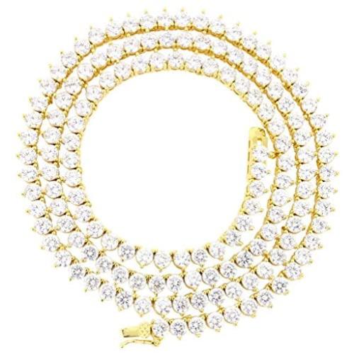 Bling Bling NY Unisex 1 Row 14K Gold Finish Lab Created Diamonds 4MM Thick 3 Prong Stone Tennis Necklace Chain 18-24 Inches Iced Out Solitaires