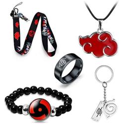 5 Pcs Set Anime Naruto Jewelry Gift Konoha Keychain,Ring,Itachi Lanyard,Sharingan Bracelet,Necklace