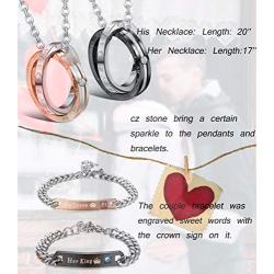 LOYALLOOK Couple Pendant Necklace Gift for Men Women His & Hers Matching Set Jewelry Stainless Steel Couples Distance Bracelets Chain Lover Gift, 4PCS