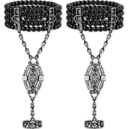 Hicarer 2 Pieces 1920s Flapper Bracelet Ring Set Imitation Pearl Crystal Bracelet for Women Hicarer 2 Pieces 1920s Flapper Bracelet Ring Set Imitation Pearl Crystal Bracelet for Women