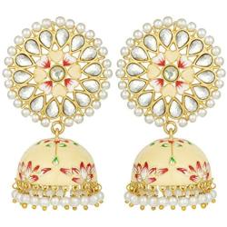 Aheli Handcrafted Traditional Wedding Wear Faux Kundan Studded Floral Enamel Jhumka Jhumki Earrings Indian Ethnic Fashion Jewelry for Women Girls