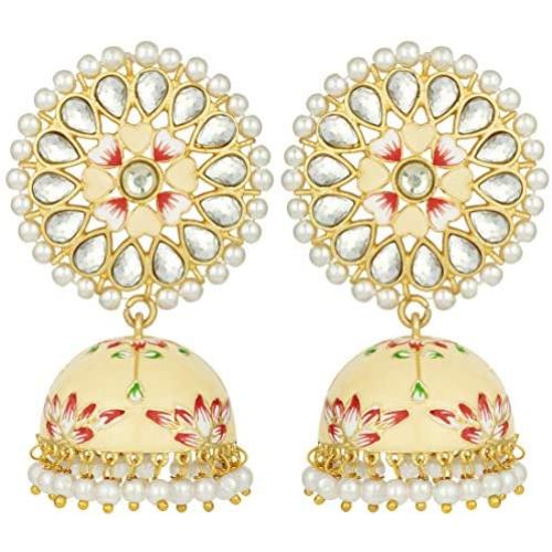 Aheli Handcrafted Traditional Wedding Wear Faux Kundan Studded Floral Enamel Jhumka Jhumki Earrings Indian Ethnic Fashion Jewelry for Women Girls