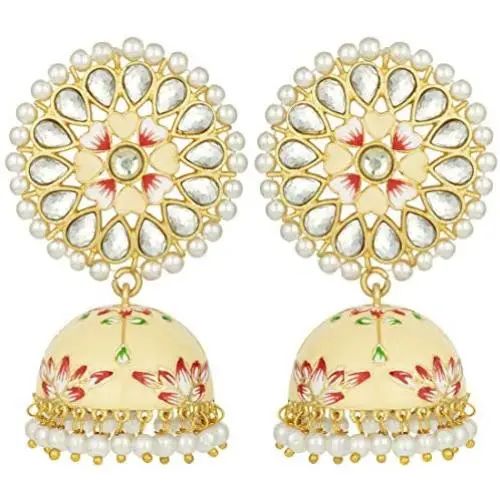 Aheli Handcrafted Traditional Wedding Wear Faux Kundan Studded Floral Enamel Jhumka Jhumki Earrings Indian Ethnic Fashion Jewelry for Women Girls