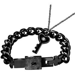 Uloveido Titanium Steel Key Pendant Necklace and Square Lock Bangle Bracelet Set for Couples Valetines Gifts