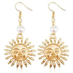 Cute Sunflower Sun Face Moon Crescent Hook Dangle Drop Earrings for Women and Girl