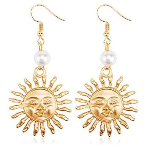 Cute Sunflower Sun Face Moon Crescent Hook Dangle Drop Earrings for Women and Girl