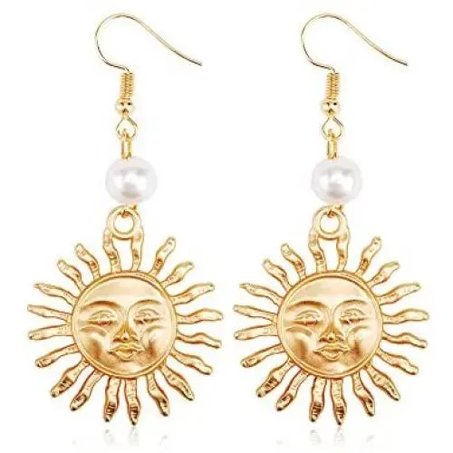 Cute Sunflower Sun Face Moon Crescent Hook Dangle Drop Earrings for Women and Girl