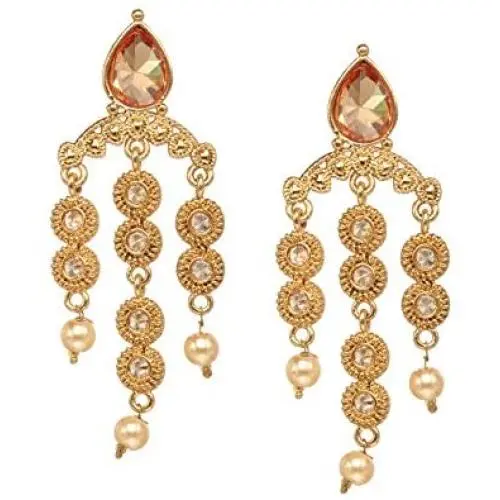 Bindhani Indian Bollywood Style Jewelry Traditional Ethnic Fashion Bridal Wedding Gold Plated Polki Kundan Faux Diamond Stone Pearl Drop Chandbali Earrings For Women