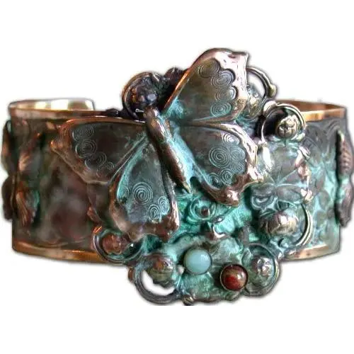 Elaine Coyne Butterflies and Flower Motif Cuff Bracelet - Amazonite, Jasper Elaine Coyne Butterflies and Flower Motif Cuff Bracelet - Amazonite, Jasper