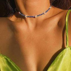 Derora Boho Beaded Choker Flower Necklace Beach Adjustable Jewelry Chain for Women and Girls (Blue)