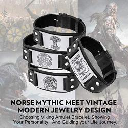 Bandmax Men Black Viking Bracelet Microfiber Leather Norse Vegvisir Wristaband with Three Circle Stainless Steel for Boy Vintage Nordic Scandinavian Talisman Gothic Bracelet for Celtic Pagan Jewelry