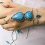 Campsis Boho Finger Ring Bracelet Turquoise Bracelet Silver Festival Hand Chain Decorative Jewelry for Women and Girls