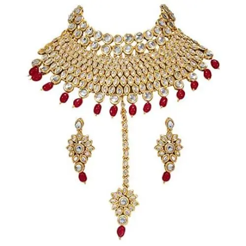 CROWN JEWEL Bollywood Indian Wedding Pearl Kundan Gold Plated Jewelry Bridal Necklace Earring Set for Women
