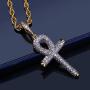 TOPGRILLZ 14K Gold Plated Iced Out CZ Lab Diamond Ankh Cross Egyptian Pendant for Men and Women with 24'' Stainless Steel Chain Necklace