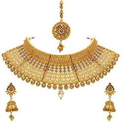 Crunchy Fashion Bollywood Style Traditional Indian Wedding Jewelry Necklace Earring with Maang Tikka Set for Women Girls