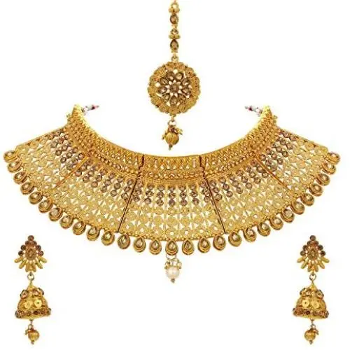 Crunchy Fashion Bollywood Style Traditional Indian Wedding Jewelry Necklace Earring with Maang Tikka Set for Women Girls
