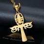 Lee Island Fashion 24K Gold Plated CZ Eye of Horus and Scarab Egyptian Protection Ankh Cross Pendant Stainless Steel Necklace, 24 Inch Chain Jewelry