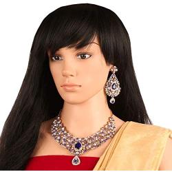 Touchstone Indian Bollywood Traditional Floral Theme White Rhinestone and Blue Faux Sapphire Bridal Designer Jewelry Necklace Set for Women in Antique Gold Tone