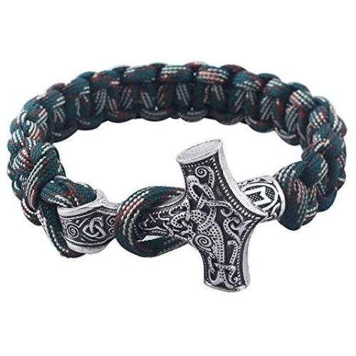 SONGCHANGJEWELRY Viking Braided Bracelets - Thor Hammer Viking Gifts for Men with Amulet Rune Knot Scandinavian Rope Bangles, Handmade Umbrella String Bracelet