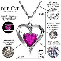 DEPHINI - Pink Heart Necklace - 925 Silver Heart Pendant with White CZ & Pink Birthstone Embellished with Branded Crystal for Women, 18'' Sterling Silver Chain + Jewellery Box, Gifts for Women